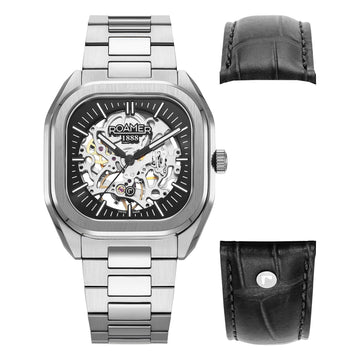 Ανδρικό ρολόι Roamer Mechano 985986-41-45-20 κουρδιστό με ασημί μπρασελέ, μαύρο δερμάτινο λουράκι για αλλαγή & μαύρο καντράν διαμέτρου 39.5mm.